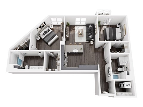 A 3D floor plan of a house with a kitchen, living room, and bathroom.